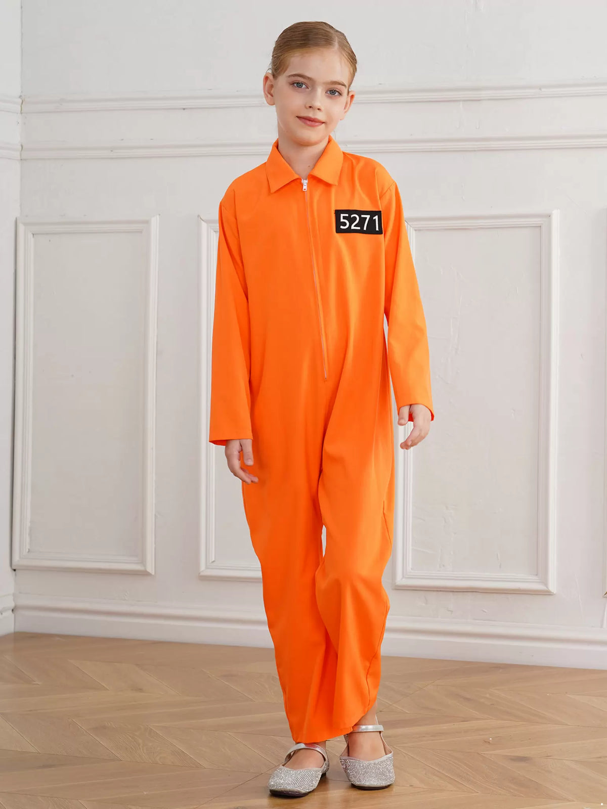 Kids Long Sleeve Lapel Front Zipper Prisoner Costume Jumpsuit