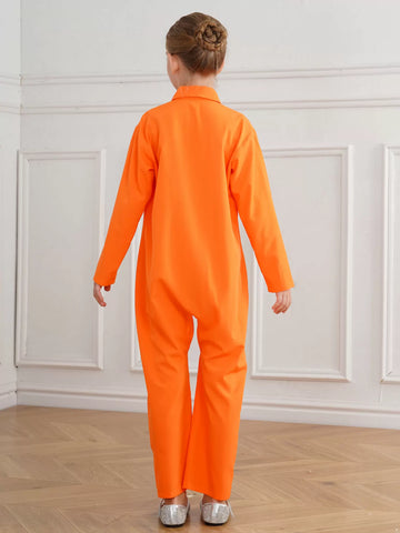 Kids Long Sleeve Lapel Front Zipper Prisoner Costume Jumpsuit