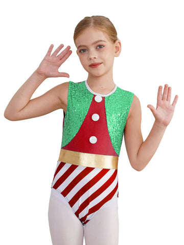 Kids Girls Christmas Sleeveless Sequins Stripes Dance Leotard