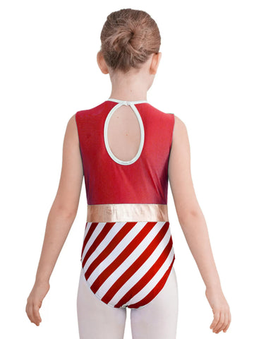 Kids Girls Christmas Sleeveless Sequins Stripes Dance Leotard