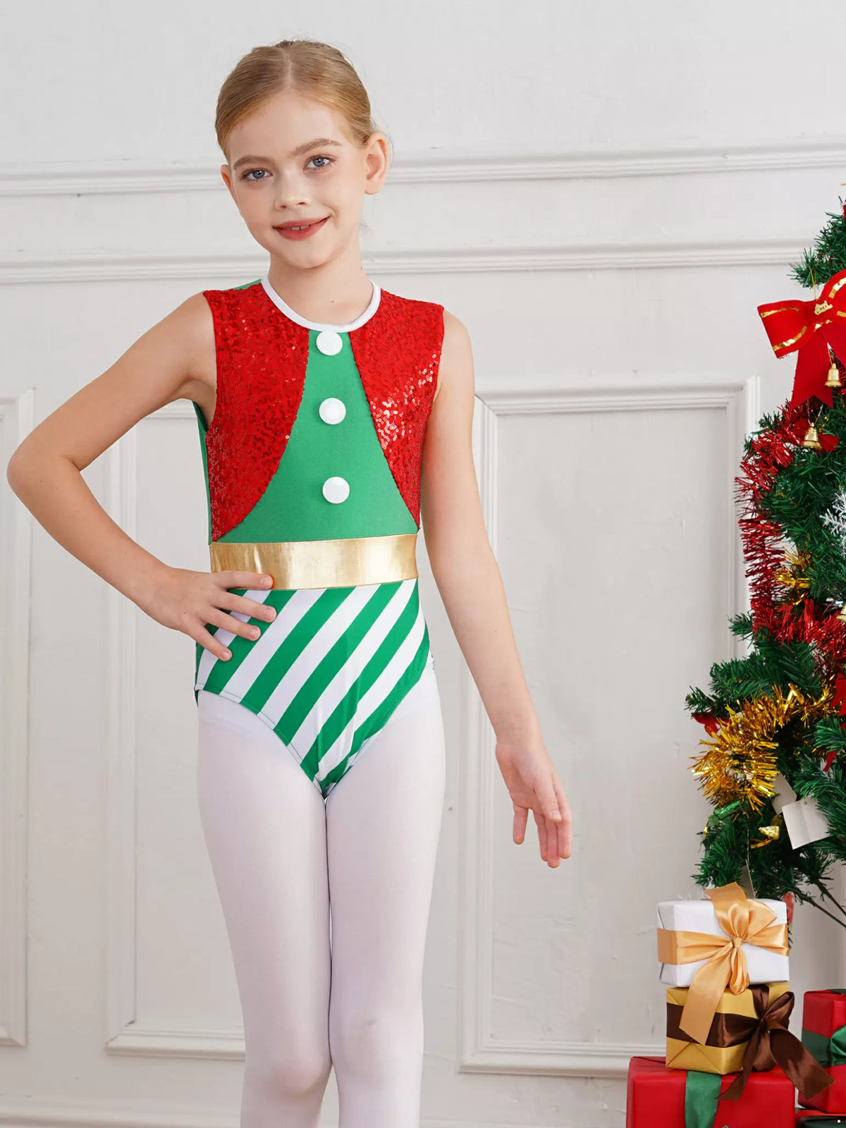 Kids Girls Christmas Sleeveless Sequins Stripes Dance Leotard