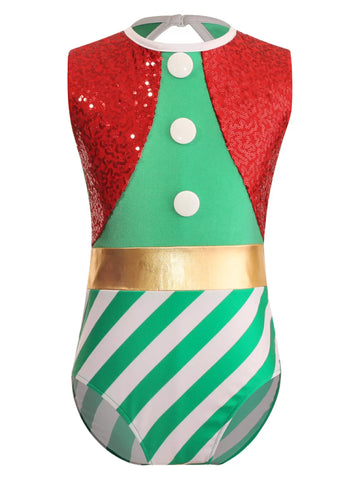 Kids Girls Christmas Sleeveless Sequins Stripes Dance Leotard