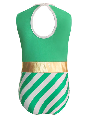 Kids Girls Christmas Sleeveless Sequins Stripes Dance Leotard