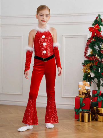 Kids Girl Christmas Sleeveless Velvet Sequins Jumpsuit with Arm Sleeve