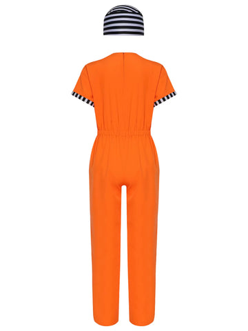 Kids Short Sleeve Stripes Prisoner Costume Jumpsuit with Hat