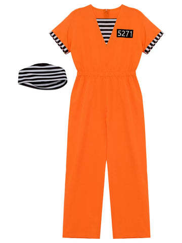 Kids Short Sleeve Stripes Prisoner Costume Jumpsuit with Hat