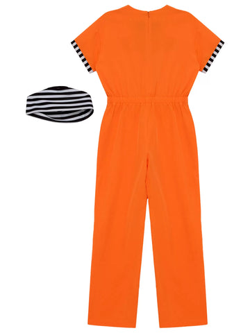 Kids Short Sleeve Stripes Prisoner Costume Jumpsuit with Hat