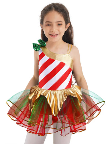 Kids Girls Christmas Sleeveless Stripes Metallic Mesh Tutu Dress