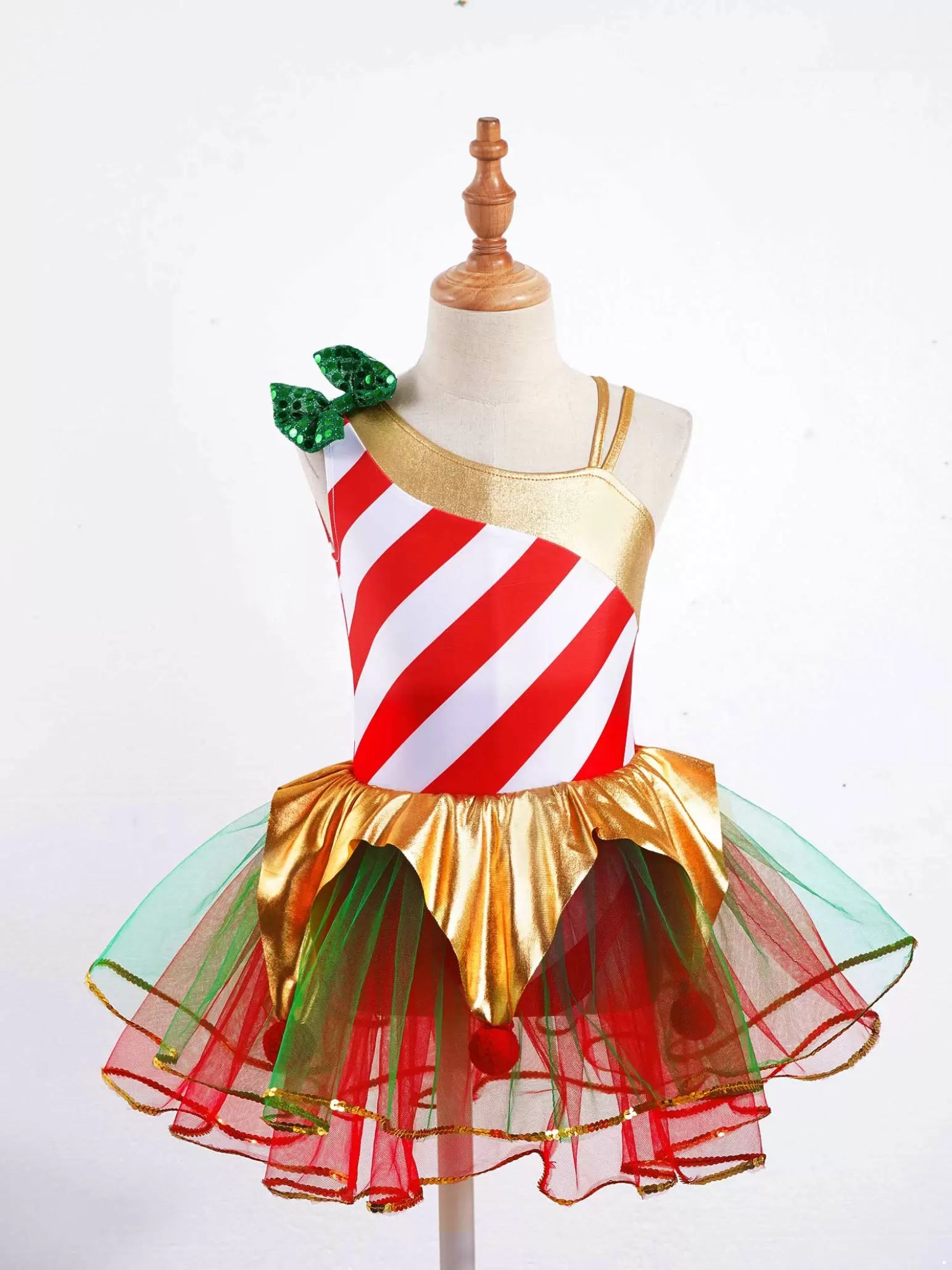 Kids Girls Christmas Sleeveless Stripes Metallic Mesh Tutu Dress