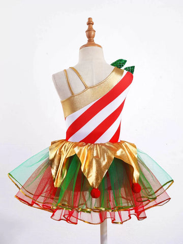 Kids Girls Christmas Sleeveless Stripes Metallic Mesh Tutu Dress