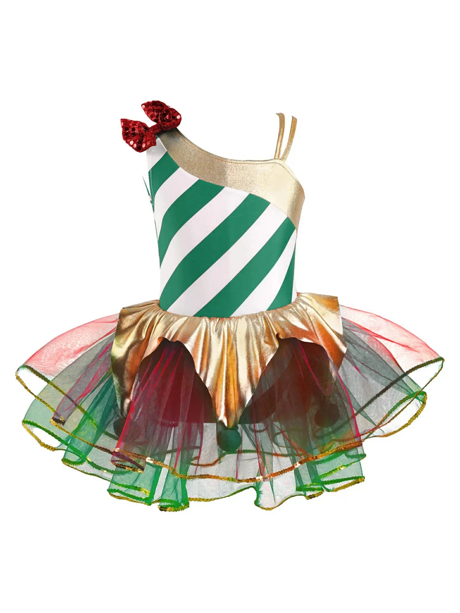 Kids Girls Christmas Sleeveless Stripes Metallic Mesh Tutu Dress