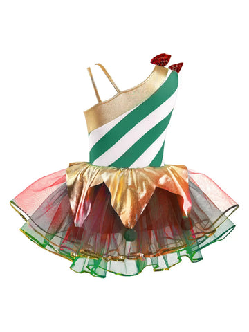 Kids Girls Christmas Sleeveless Stripes Metallic Mesh Tutu Dress