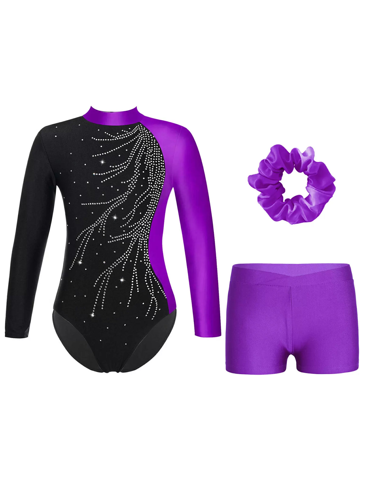 Kids Girls Long Sleeve Rhinestone Leotard and Shorts Gymnastic Outfits