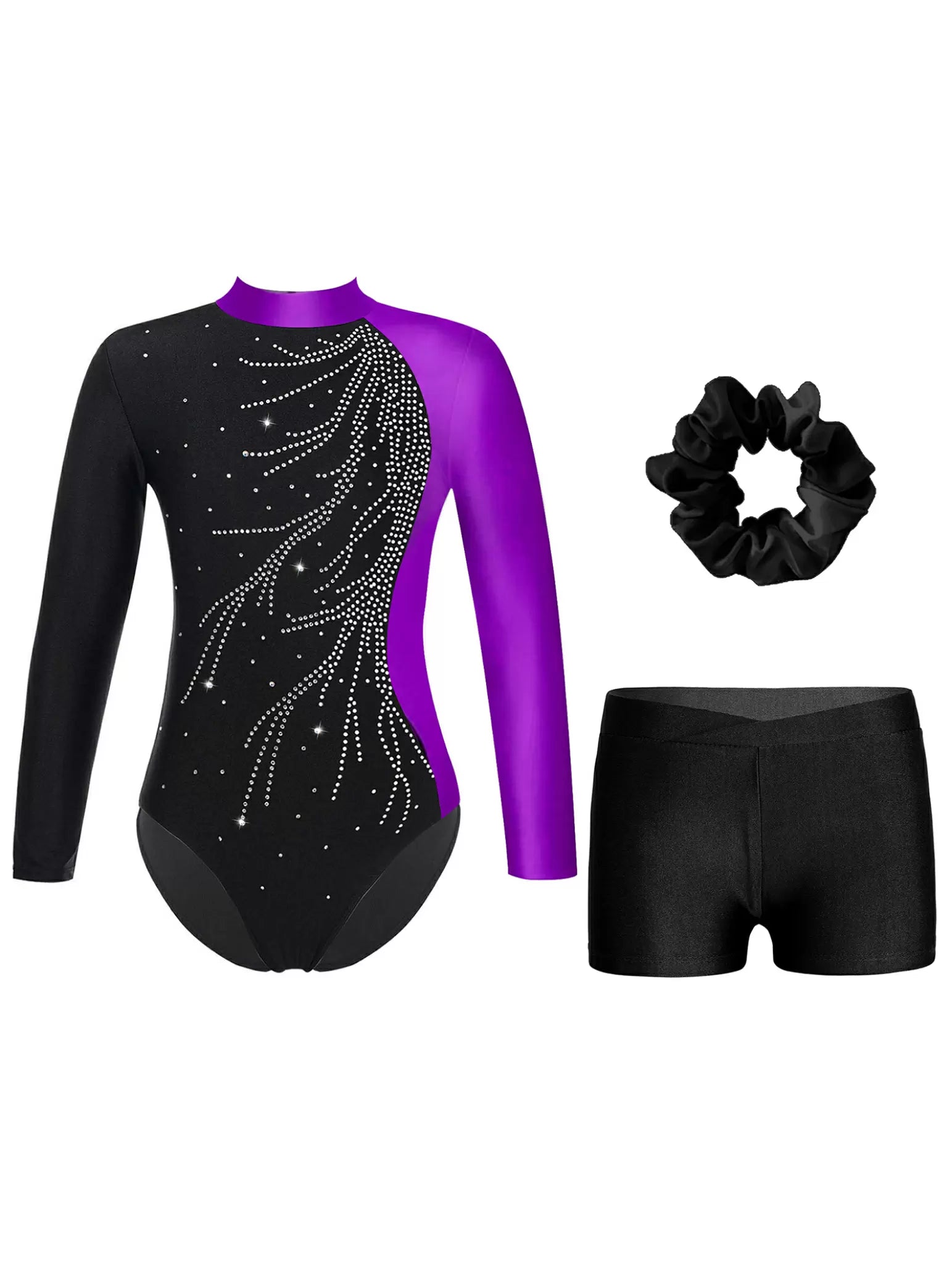 Kids Girls Long Sleeve Rhinestone Leotard and Shorts Gymnastic Outfits