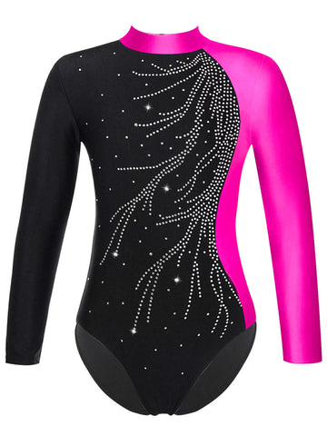 Kids Girls Long Sleeve Rhinestone Leotard and Shorts Gymnastic Outfits