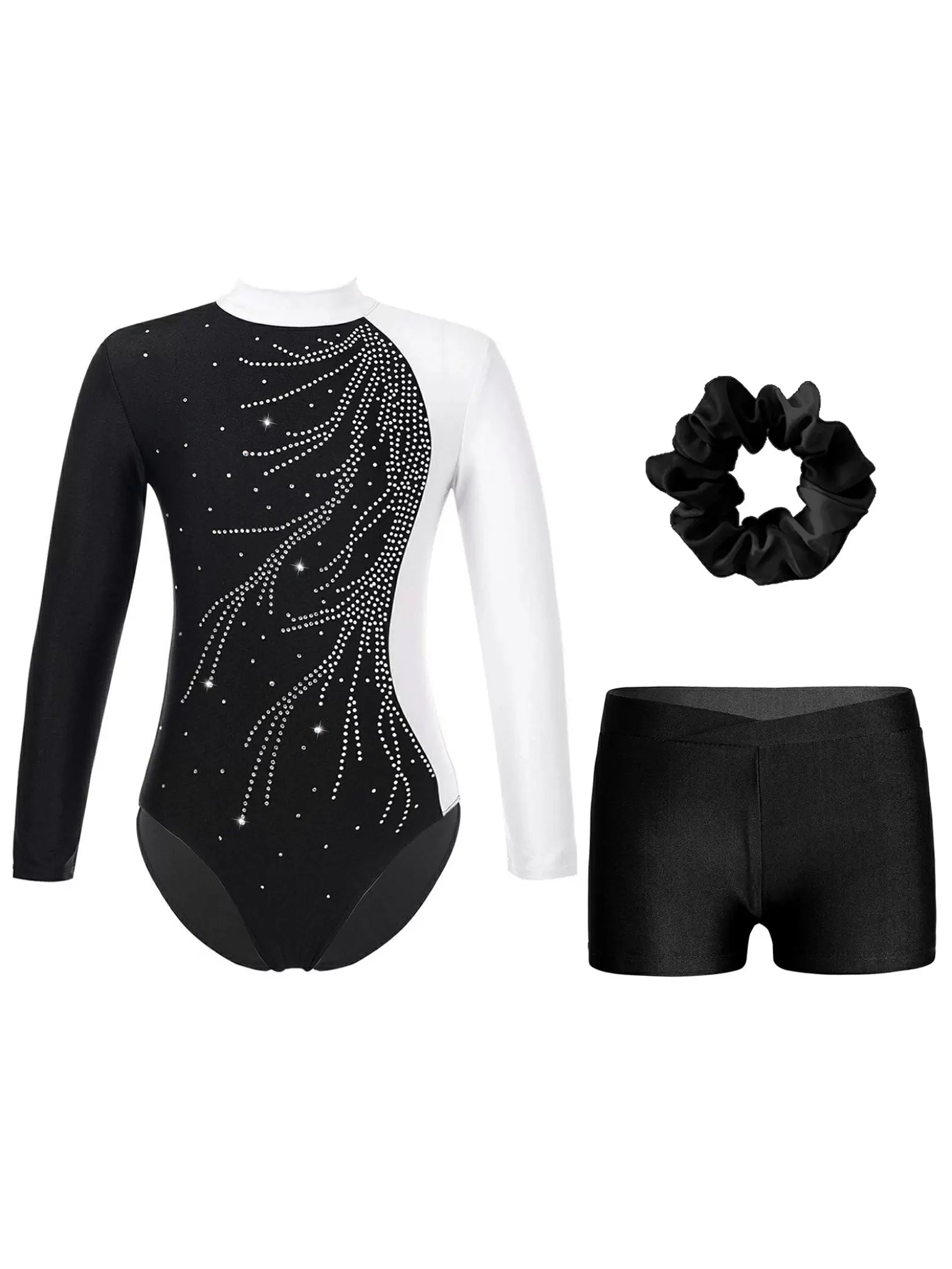 Kids Girls Long Sleeve Rhinestone Leotard and Shorts Gymnastic Outfits