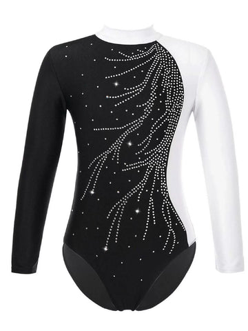 Kids Girls Long Sleeve Rhinestone Leotard and Shorts Gymnastic Outfits