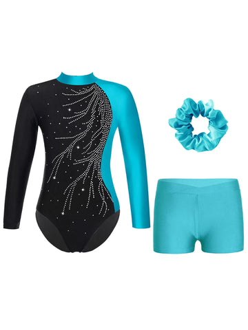 Kids Girls Long Sleeve Rhinestone Leotard and Shorts Gymnastic Outfits