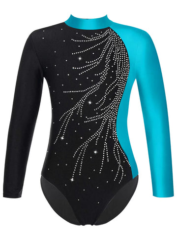 Kids Girls Long Sleeve Rhinestone Leotard and Shorts Gymnastic Outfits