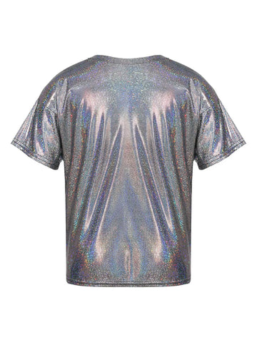 Kids Short Sleeve Sparkly Metallic Jazz Dance T-shirt