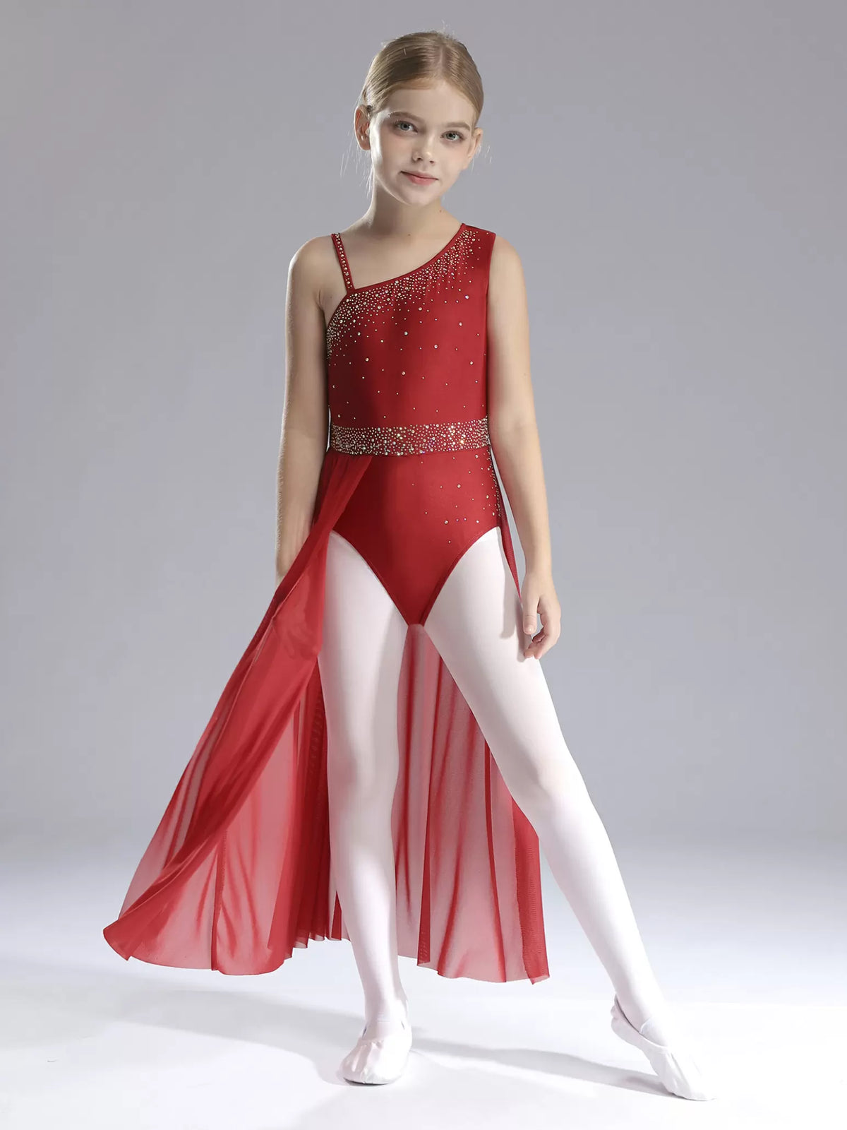 Kids Girls Sleeveless Rhinestones Mesh Lyrical Dance Leotard Dress