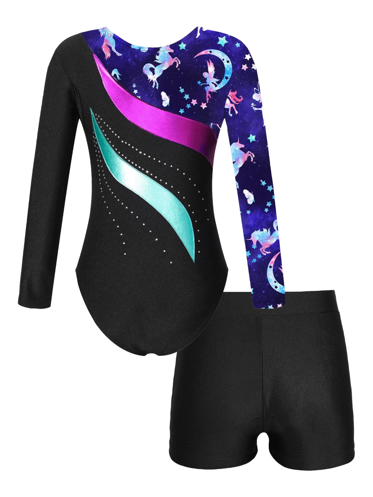 Kids Girls Long Sleeve Rhinestones Leotard and Shorts Gymnastic Outfit