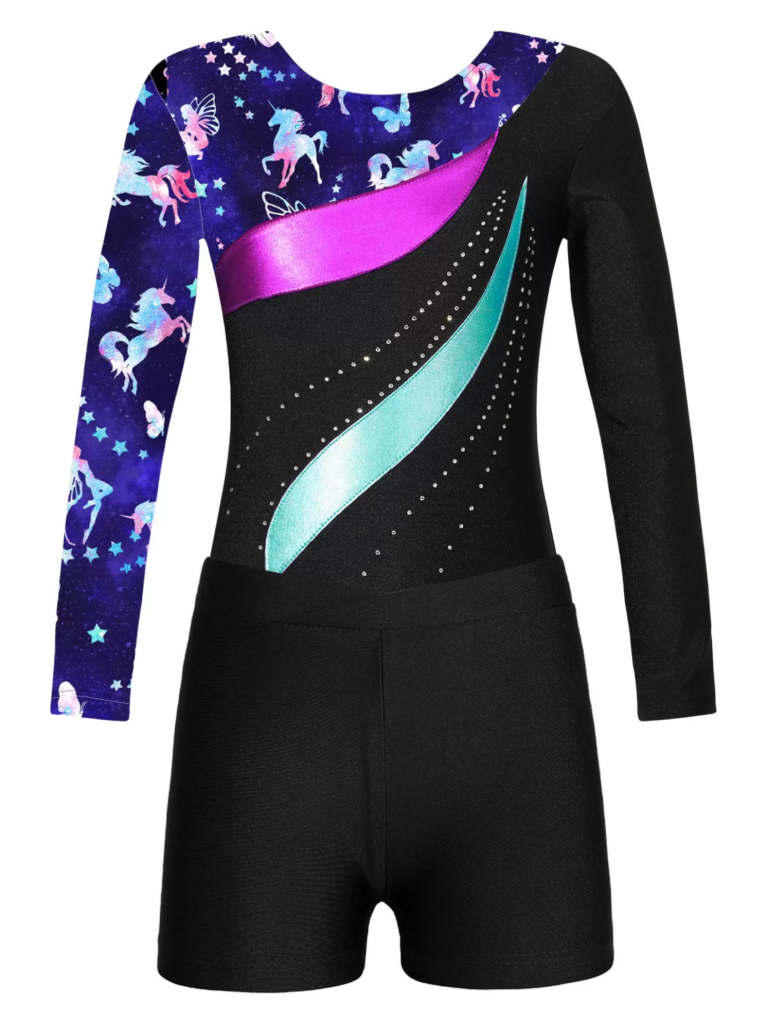 Kids Girls Long Sleeve Rhinestones Leotard and Shorts Gymnastic Outfit