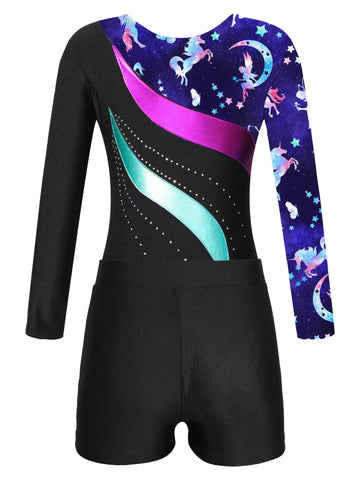 Kids Girls Long Sleeve Rhinestones Leotard and Shorts Gymnastic Outfit