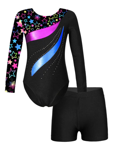 Kids Girls Long Sleeve Rhinestones Leotard and Shorts Gymnastic Outfit