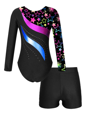 Kids Girls Long Sleeve Rhinestones Leotard and Shorts Gymnastic Outfit