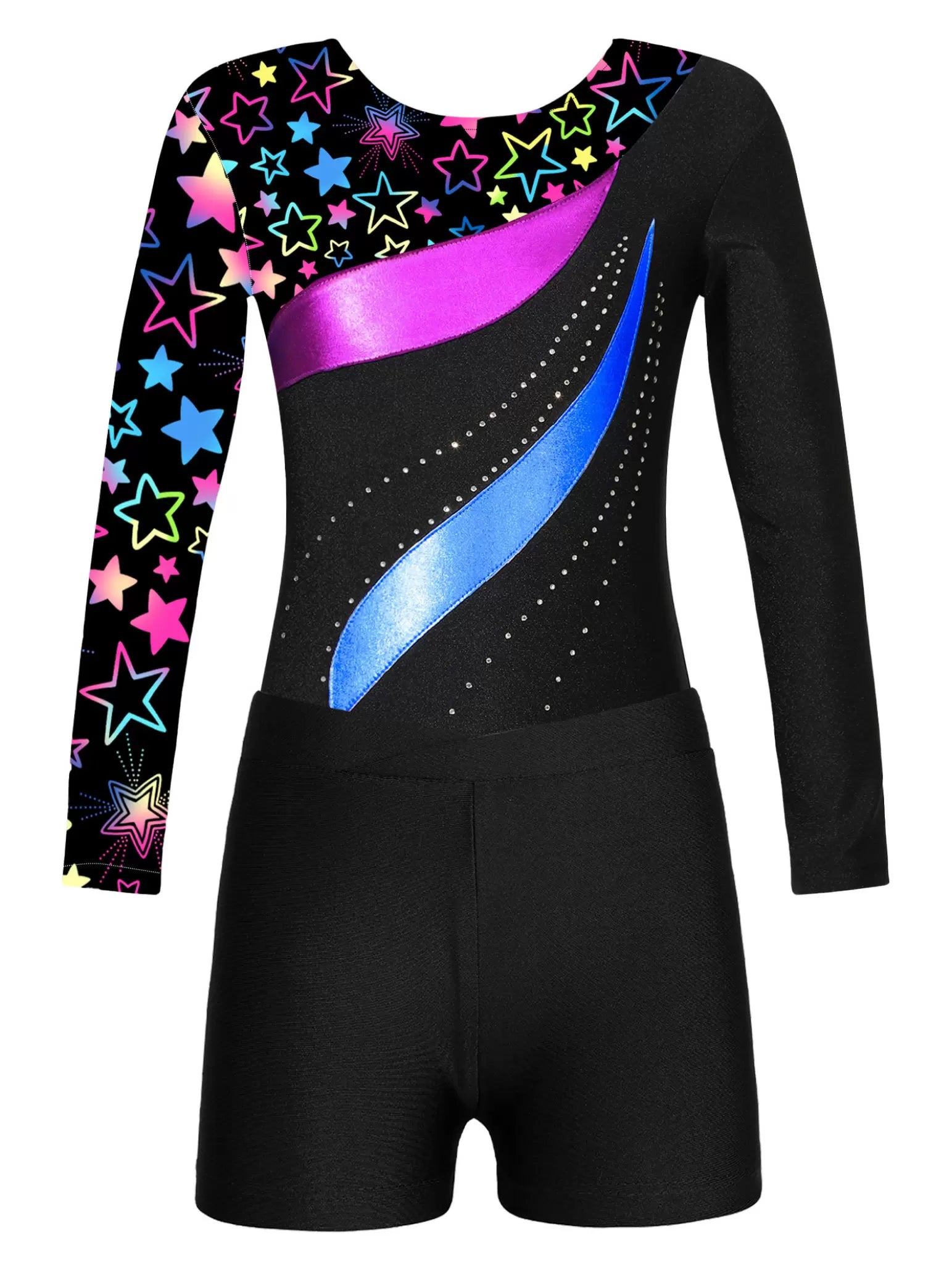 Kids Girls Long Sleeve Rhinestones Leotard and Shorts Gymnastic Outfit