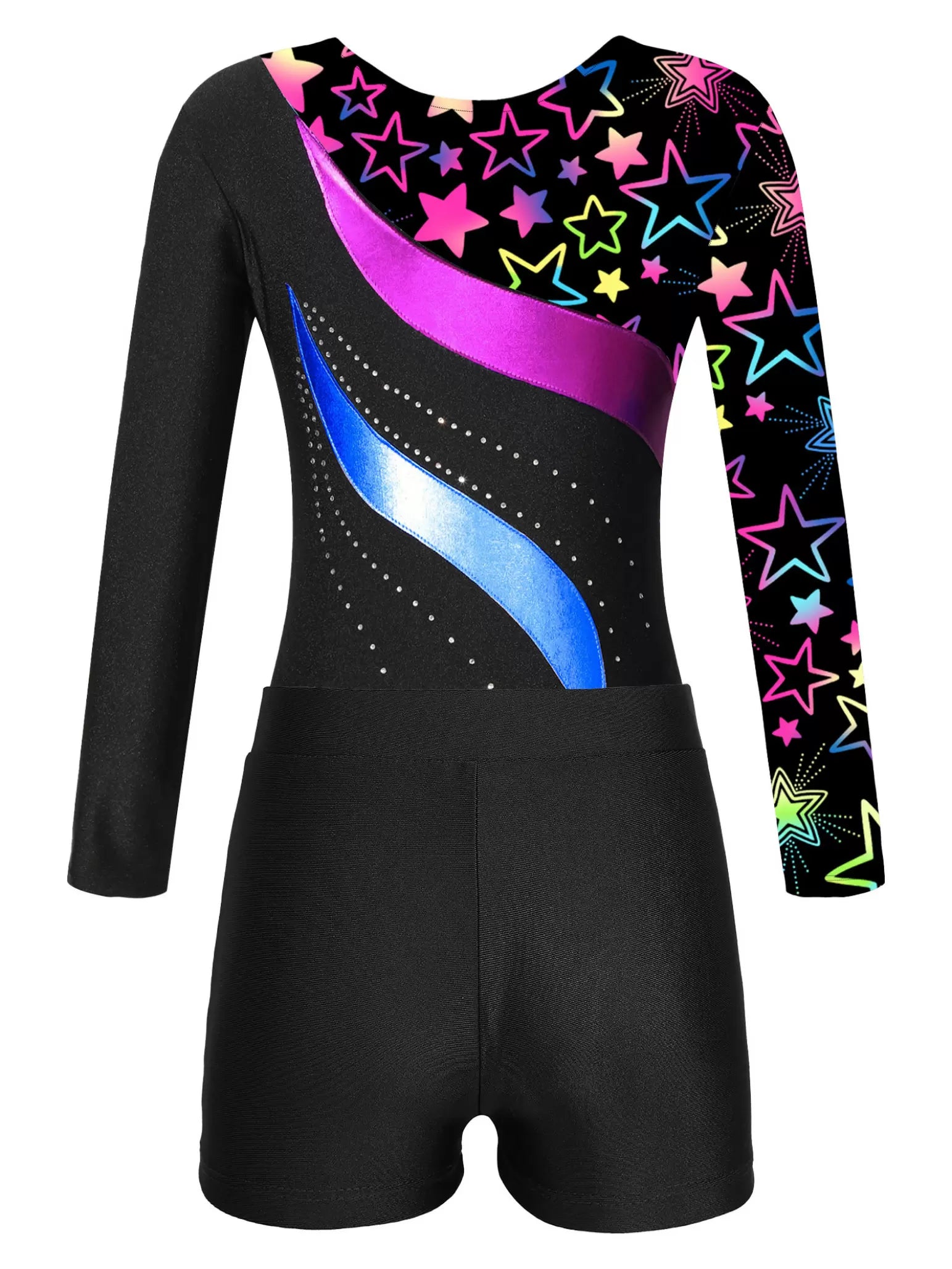 Kids Girls Long Sleeve Rhinestones Leotard and Shorts Gymnastic Outfit