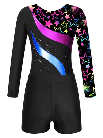 Kids Girls Long Sleeve Rhinestones Leotard and Shorts Gymnastic Outfit