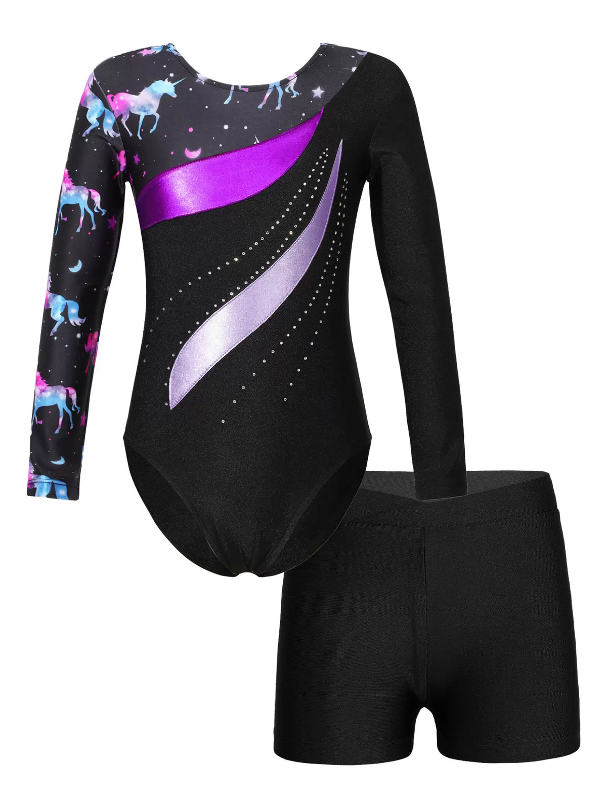 Kids Girls Long Sleeve Rhinestones Leotard and Shorts Gymnastic Outfit