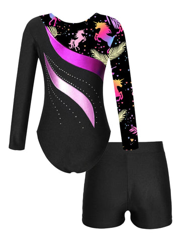 Kids Girls Long Sleeve Rhinestones Leotard and Shorts Gymnastic Outfit