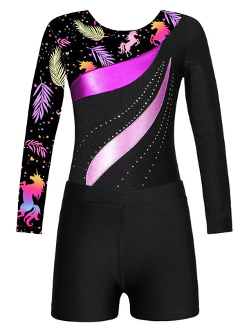 Kids Girls Long Sleeve Rhinestones Leotard and Shorts Gymnastic Outfit