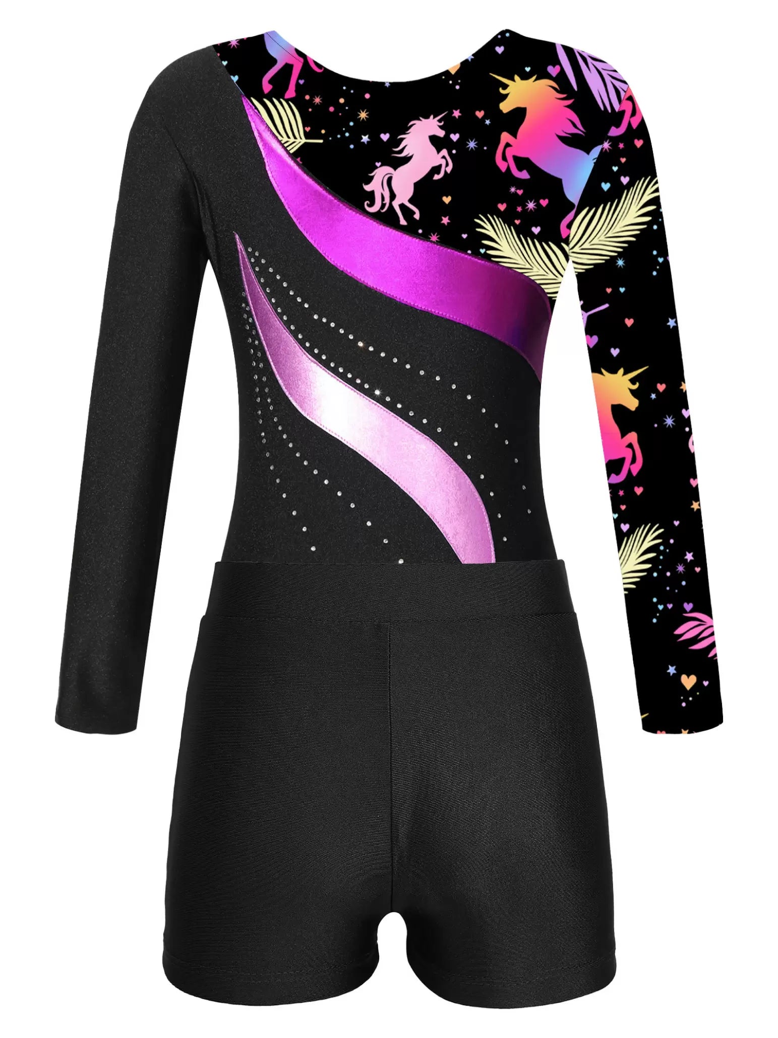 Kids Girls Long Sleeve Rhinestones Leotard and Shorts Gymnastic Outfit