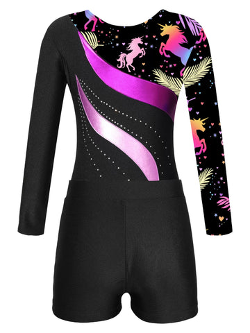 Kids Girls Long Sleeve Rhinestones Leotard and Shorts Gymnastic Outfit