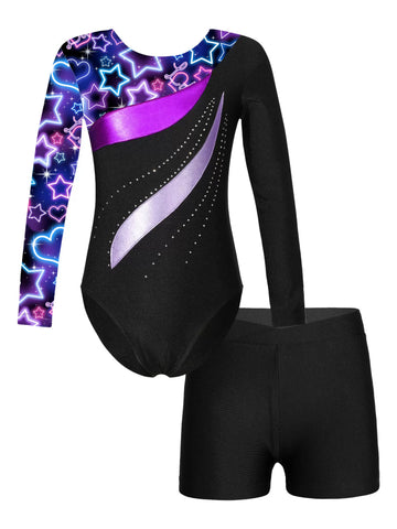 Kids Girls Long Sleeve Rhinestones Leotard and Shorts Gymnastic Outfit