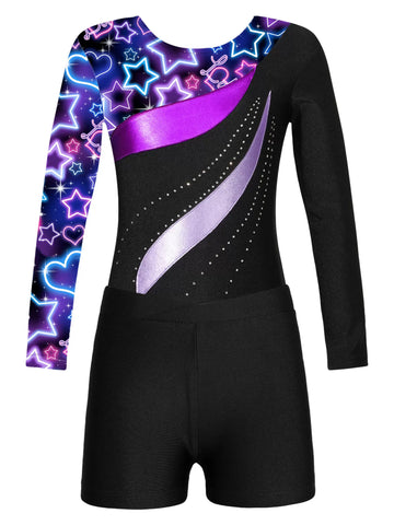 Kids Girls Long Sleeve Rhinestones Leotard and Shorts Gymnastic Outfit