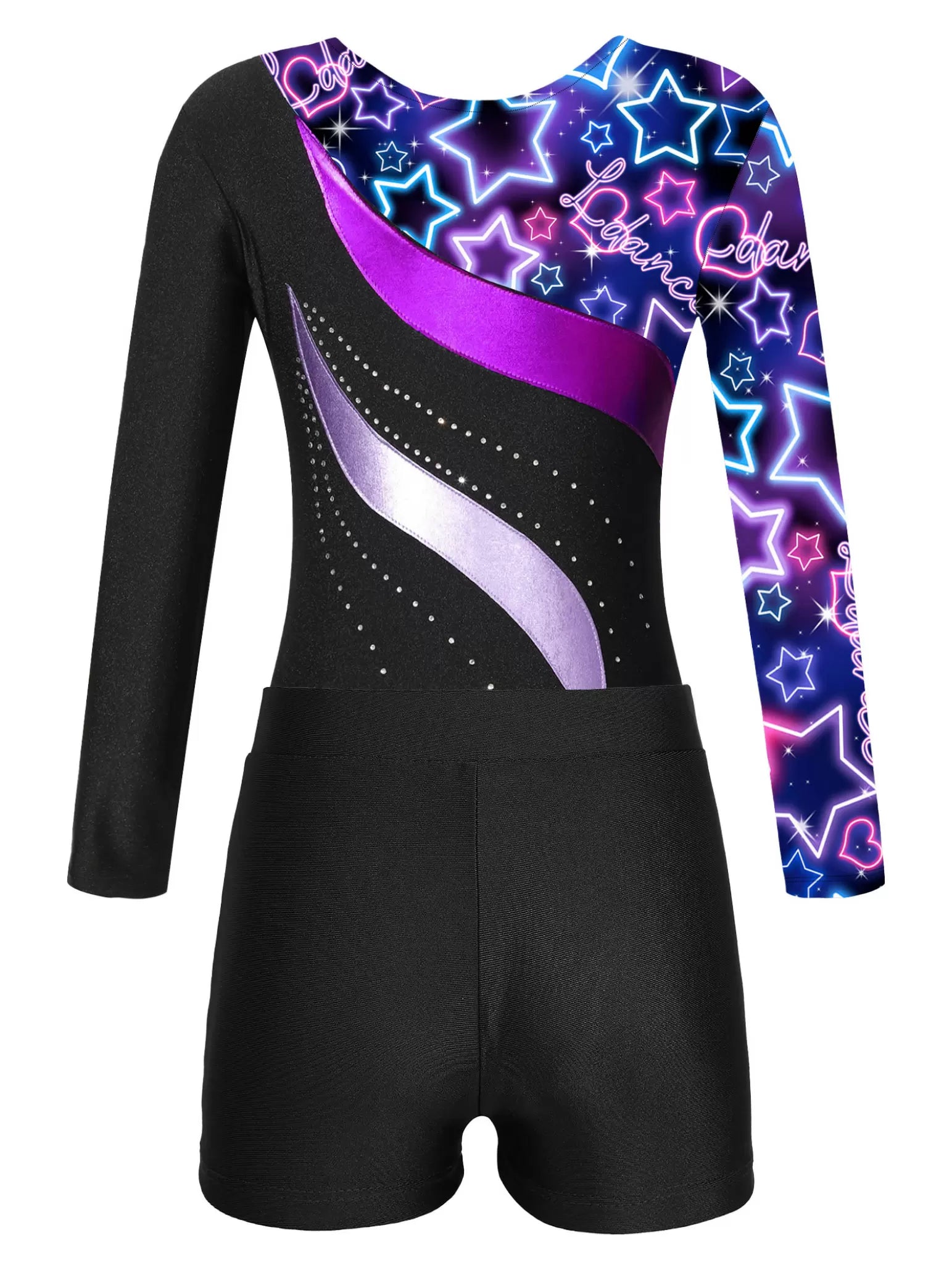 Kids Girls Long Sleeve Rhinestones Leotard and Shorts Gymnastic Outfit