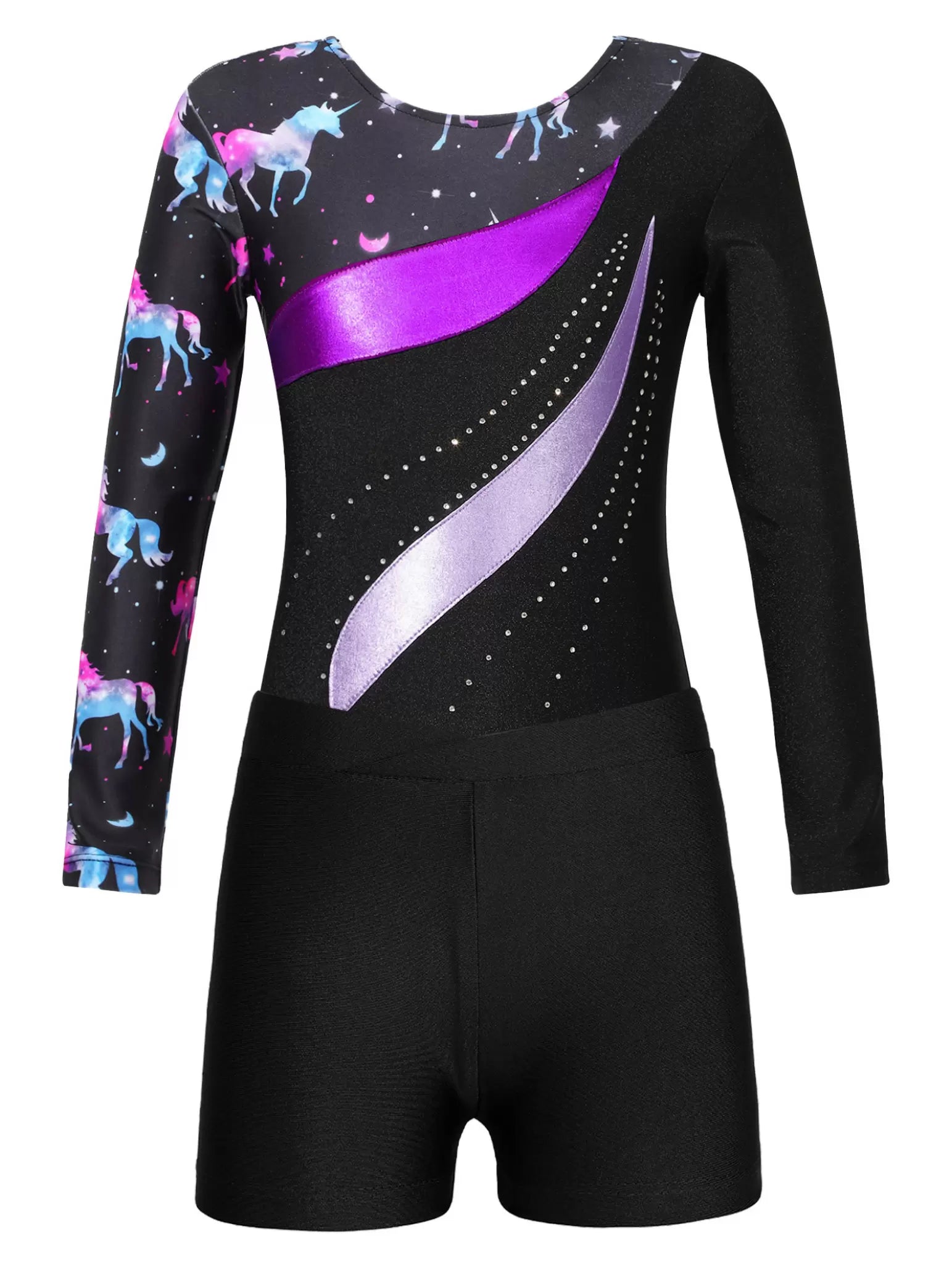 Kids Girls Long Sleeve Rhinestones Leotard and Shorts Gymnastic Outfit