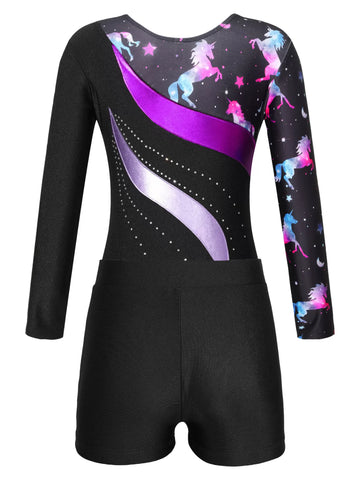 Kids Girls Long Sleeve Rhinestones Leotard and Shorts Gymnastic Outfit