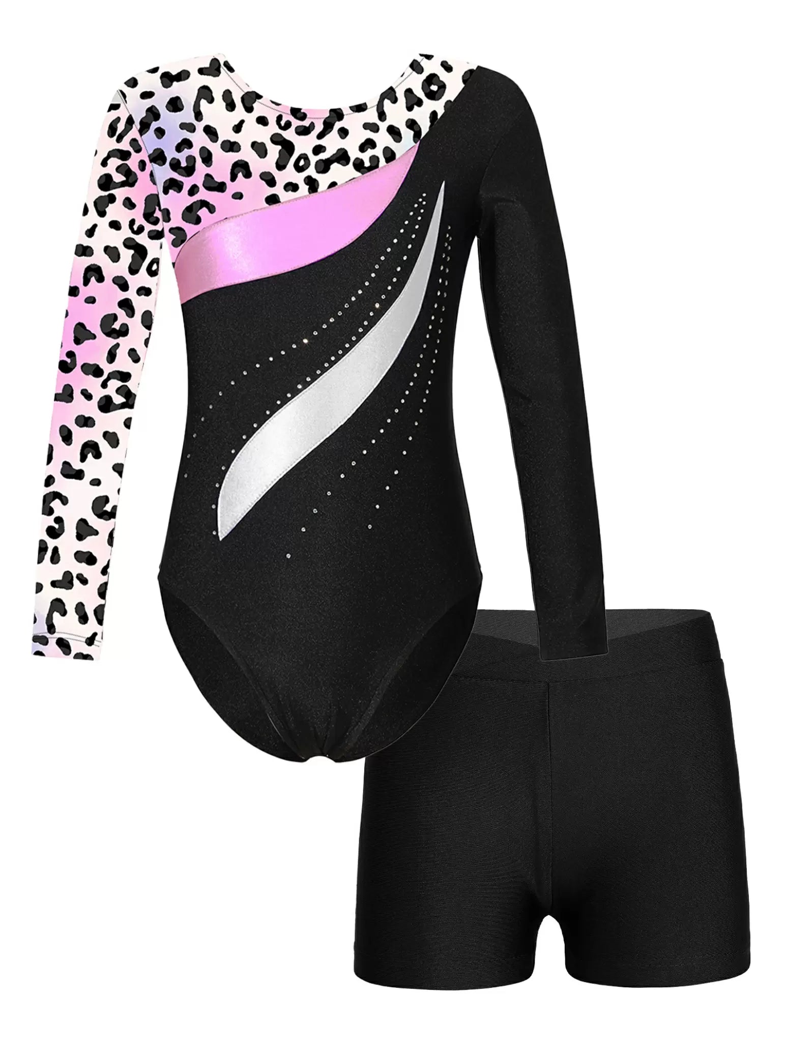 Kids Girls Long Sleeve Rhinestones Leotard and Shorts Gymnastic Outfit