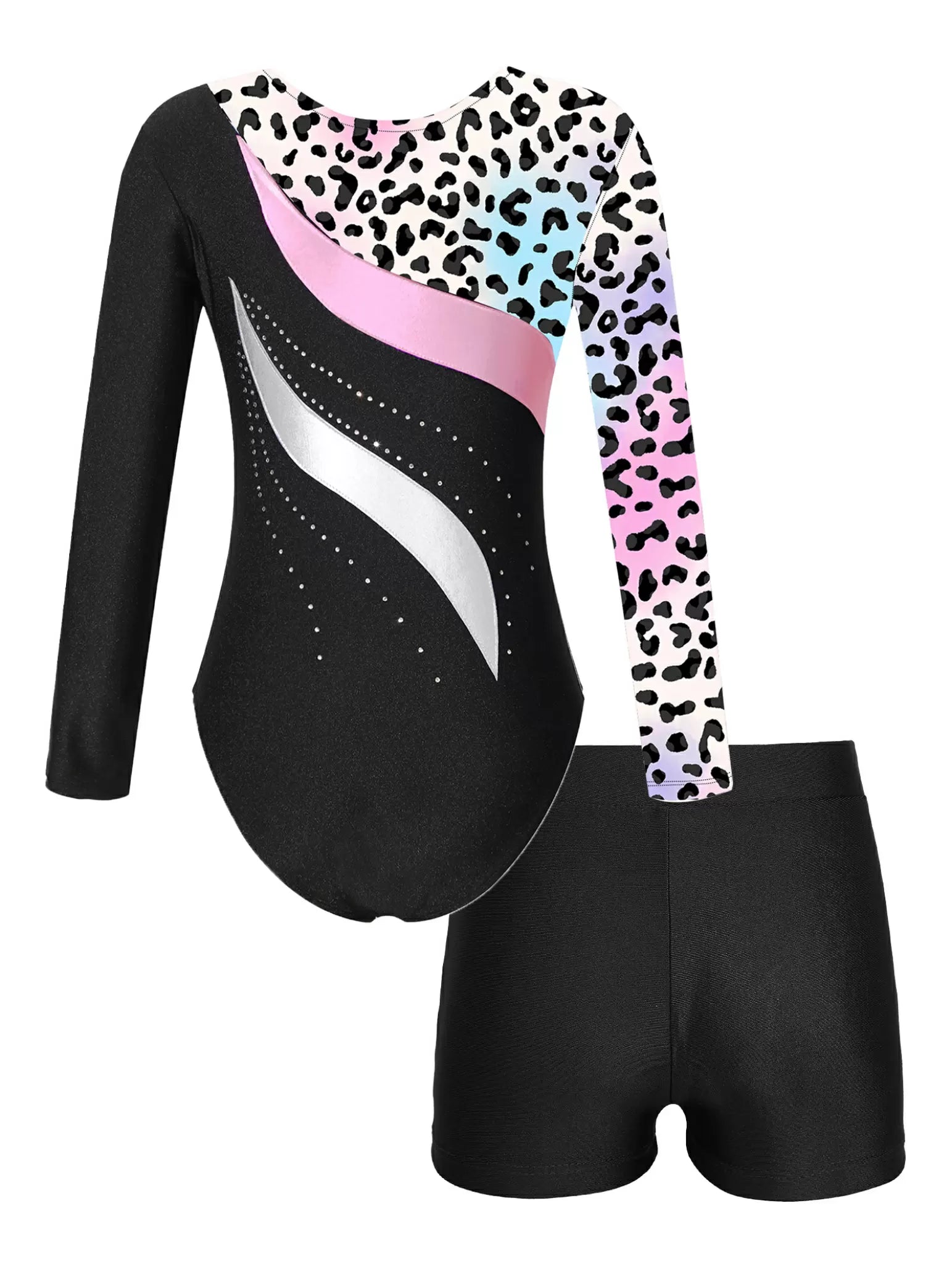 Kids Girls Long Sleeve Rhinestones Leotard and Shorts Gymnastic Outfit