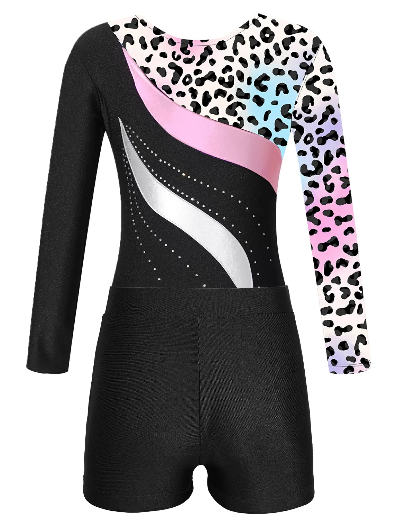 Kids Girls Long Sleeve Rhinestones Leotard and Shorts Gymnastic Outfit