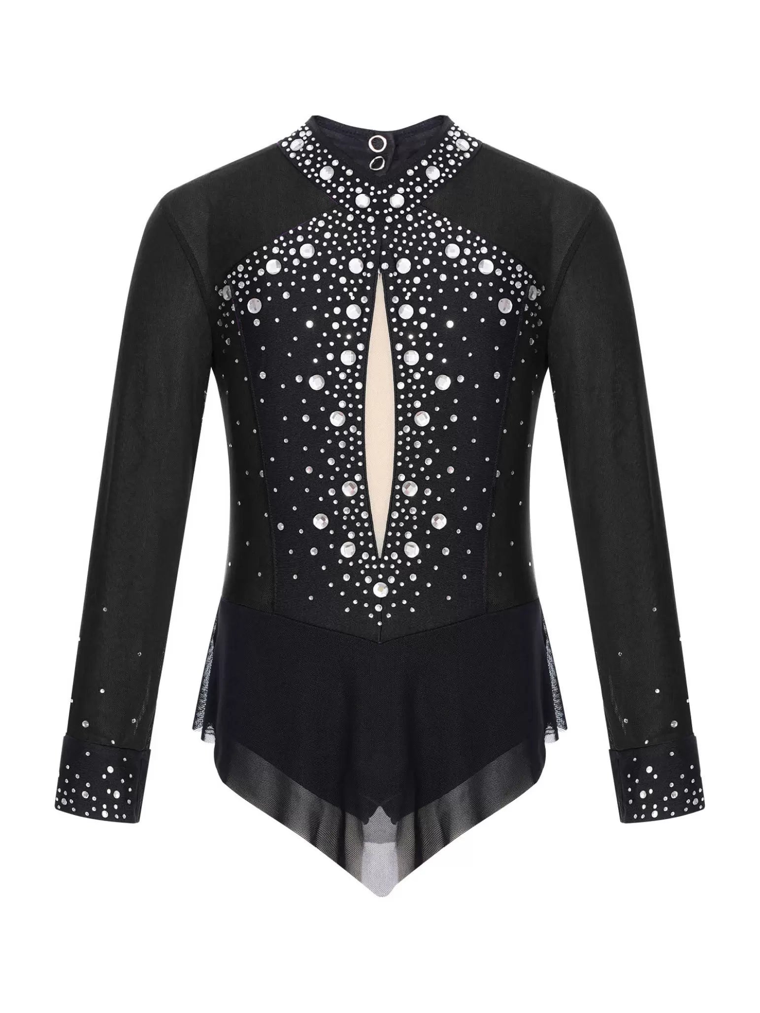 Kids Girls Long Sleeve Glittery Rhinestones Colorblock Skating Leotard