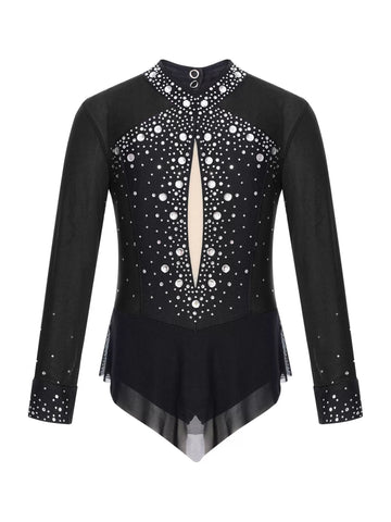 Kids Girls Long Sleeve Glittery Rhinestones Colorblock Skating Leotard