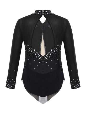 Kids Girls Long Sleeve Glittery Rhinestones Colorblock Skating Leotard