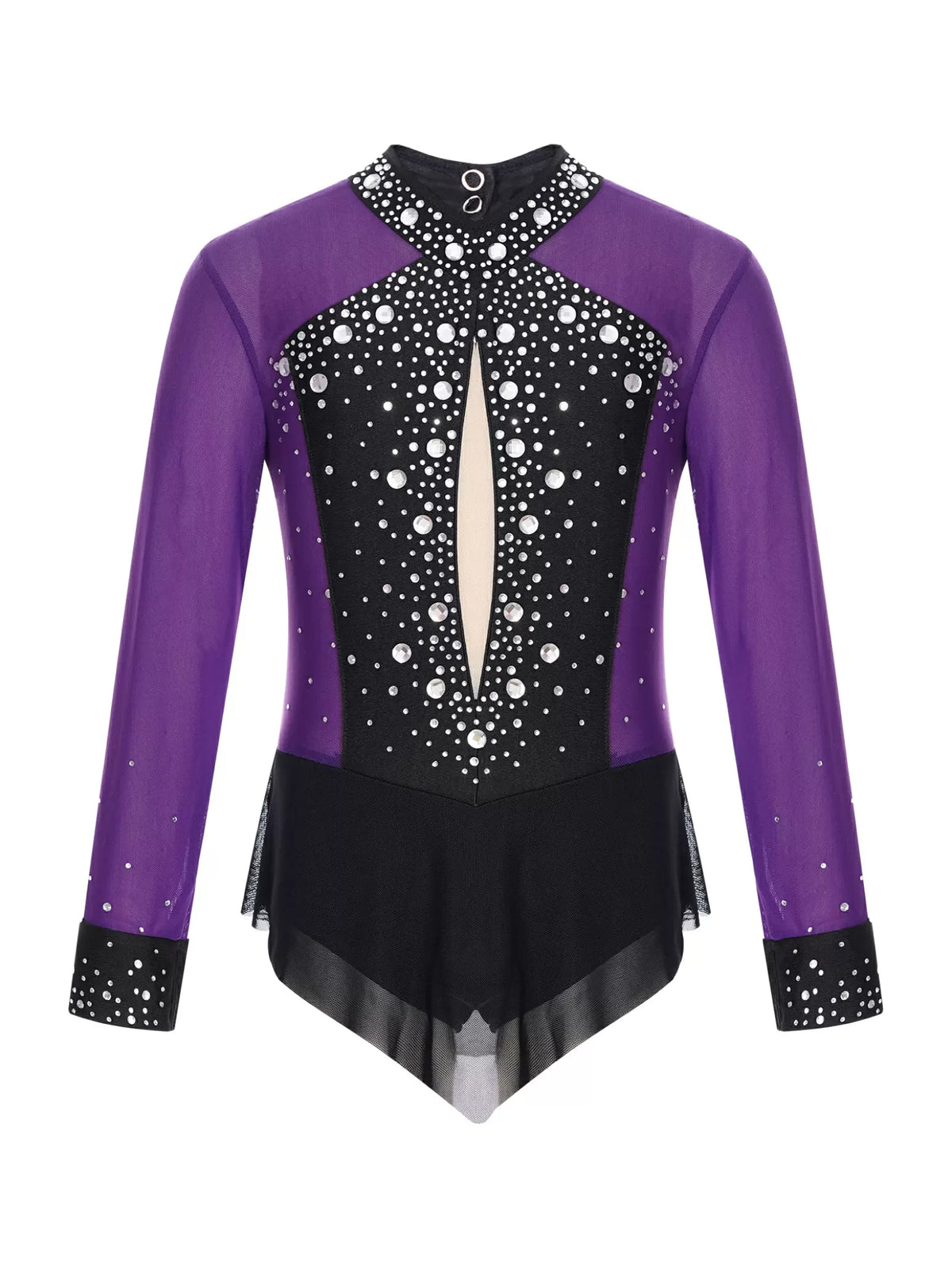 Kids Girls Long Sleeve Glittery Rhinestones Colorblock Skating Leotard